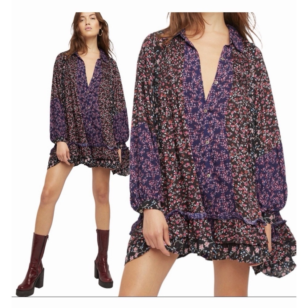 Free People Lost in You Floral Printed Tunic Mini Dress Sz S Dark Combo Boho